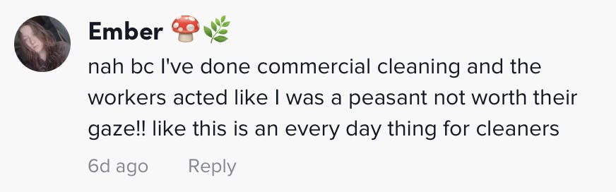 nah bc I've done commercial cleaning and the workers acted like I was a peasant not worth their gaze!! like this is an every day thing for cleaners