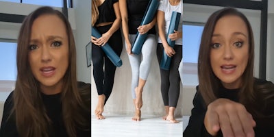 woman speaking in front of white walls and window (l) women holding work out matts ready for Pilates standing on white floor (c) woman speaking in front of white walls and window with hand out (r)