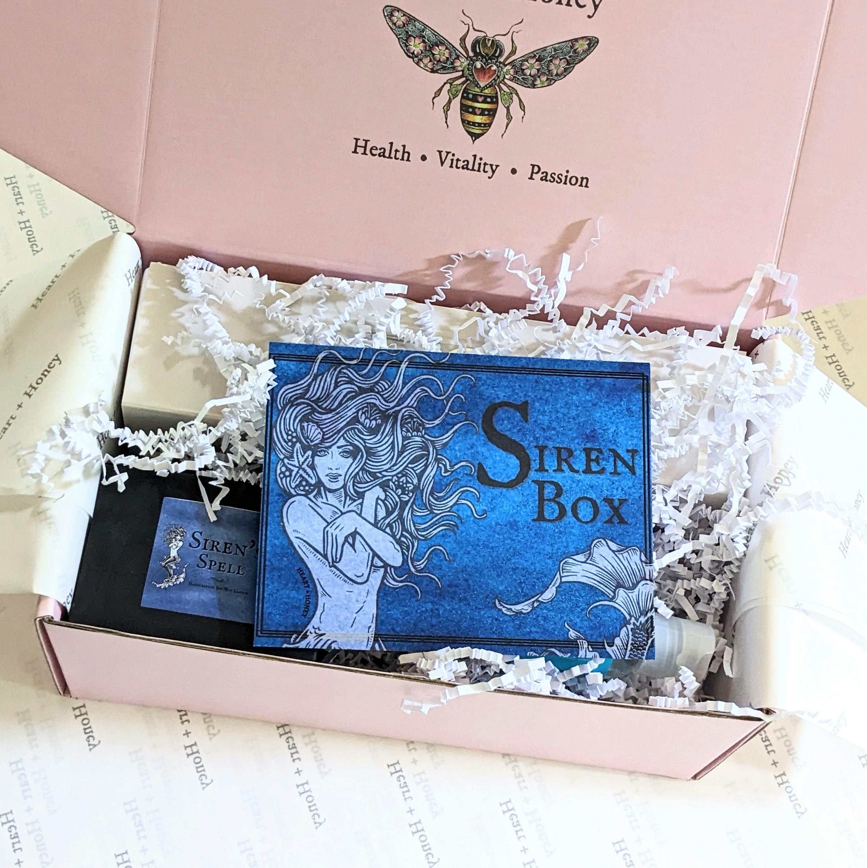 Heart + Honey Siren Box opened with contents showing
