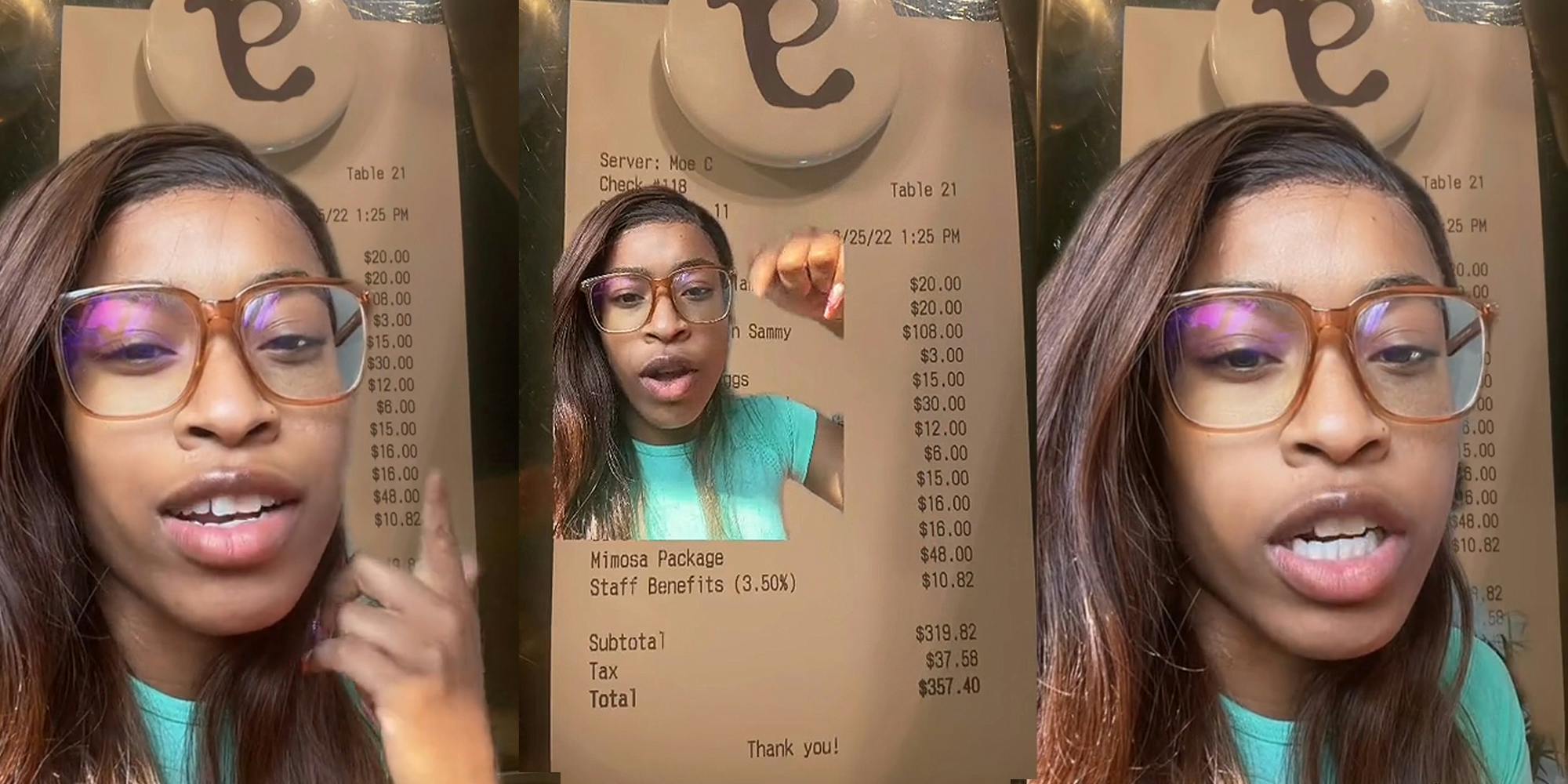woman greenscreen TikTok pointing up over image of receipt (l) woman greenscreen TikTok pointing over image of receipt "Staff Benefits (3.50%) $10.82" (c) woman greenscreen TikTok speaking over image of receipt (r)