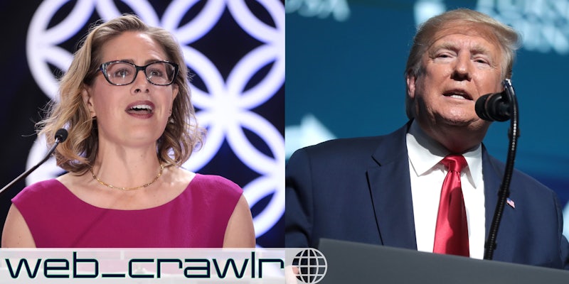 A side by side of Kyrsten Sinema and Donald Trump. The Daily Dot newsletter web_crawlr logo is in the bottom left corner.