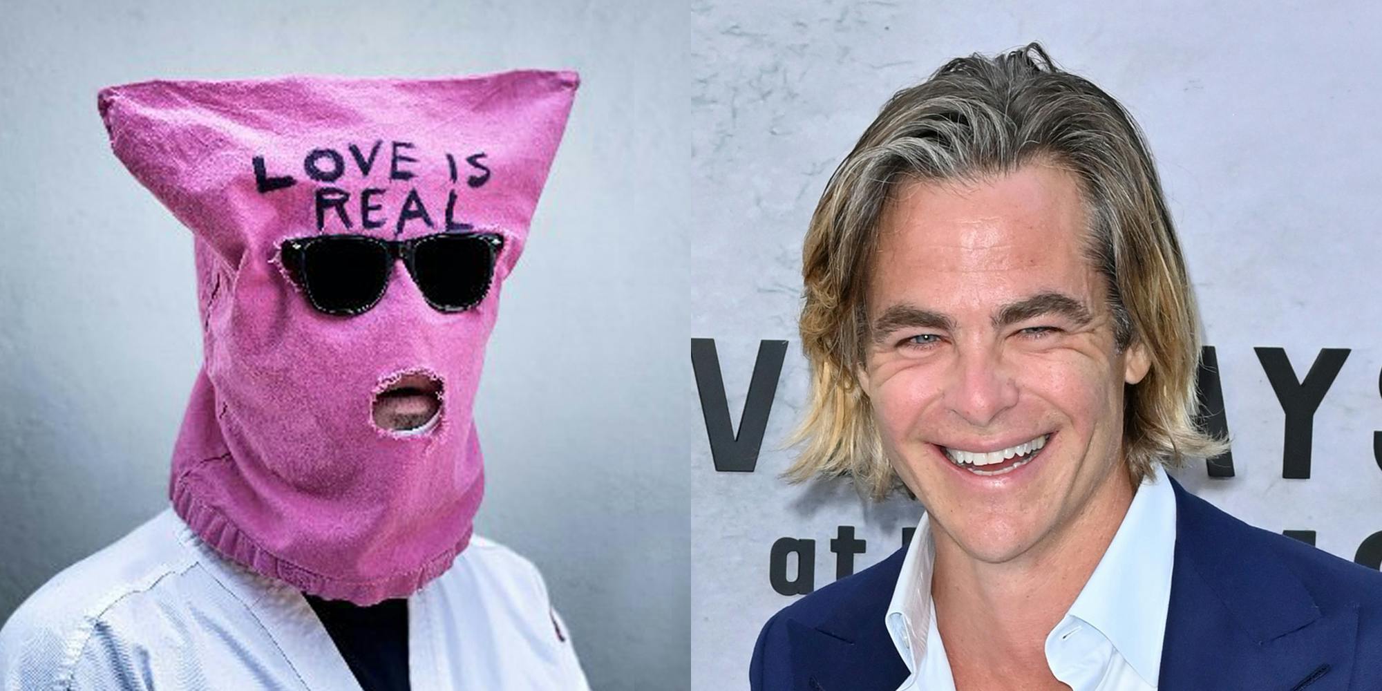 Chuck Tingle Profile Image Man with pink bag on his head saying 'Love is real' against gray background (L) Chris Pine smiling in front of gray background (R)