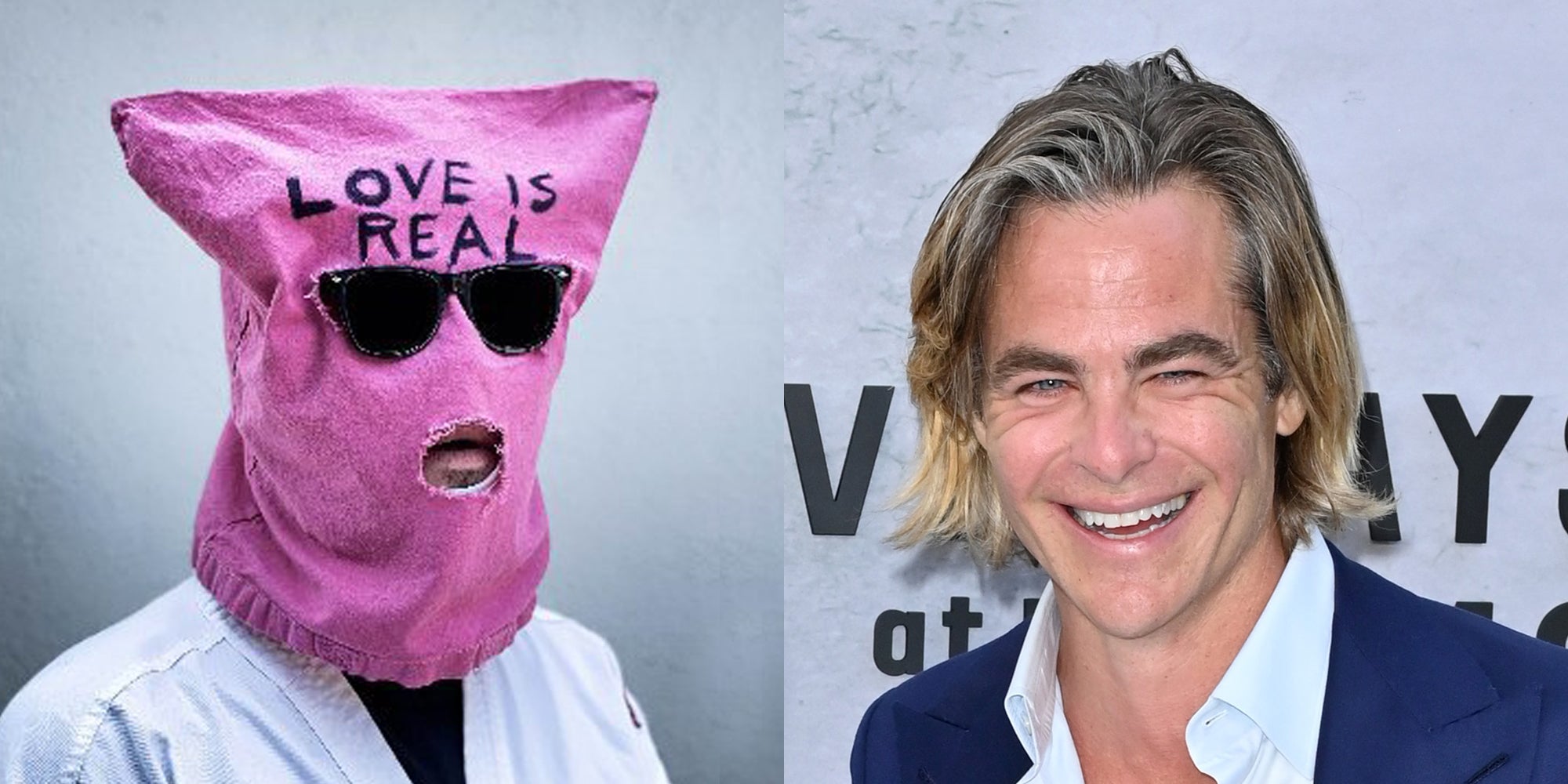 Chuck Tingle profile image man with pink bag on head "Love Is Real" written on front in front of gray background (l) Chris Pine smiling in front of gray background (r)