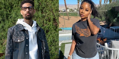 PnB Rock standing in front of greenery (l) Steph Sibounheuang standing outside with hand on cheek (r)
