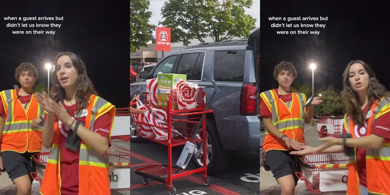 Target employees standing in parking lot next to cart worker rubbing her hands together caption 'when a guest arrives but didn't let us know they were on their way' (l) Target parking lot with car pulled up to curbside pickup, next to cart with bags (c) Target employees standing arms out in parking lot next to empty cart together caption 'when a guest arrives but didn't let us know they were on their way' (r)