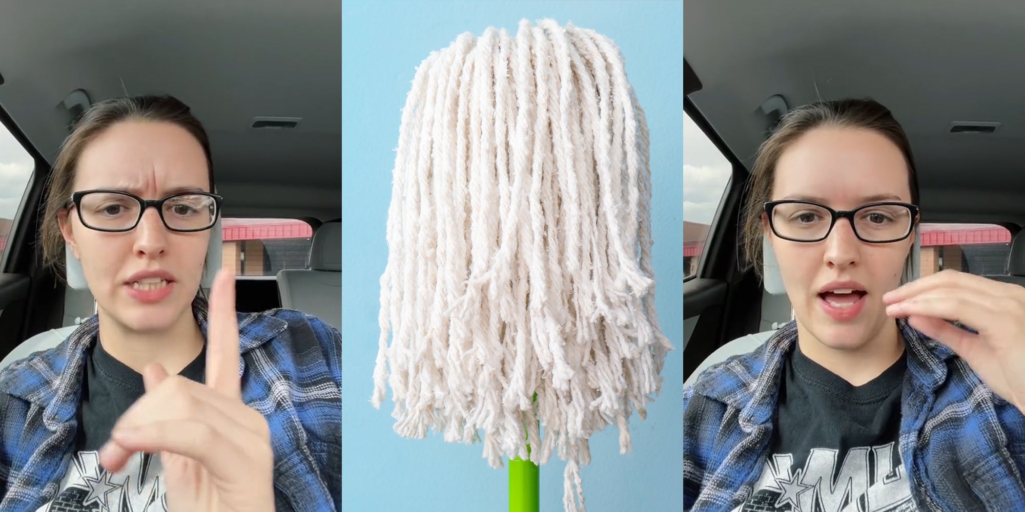 woman speaking in car finger up (l) Mop on light blue background (c) woman speaking in car hand up (r)