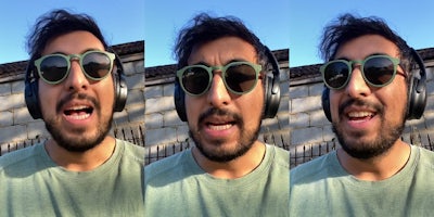 man speaking outside with headphones and sunglasses in front of brick wall (l) man speaking outside with headphones and sunglasses in front of brick wall (c) man speaking outside with headphones and sunglasses in front of brick wall (r)
