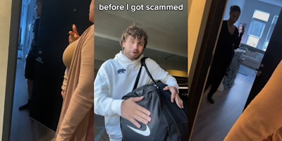 man holding open door into apartment, woman pointing to camera speaking outside of door (l) man holding Nike bag with hand on it caption 'before I got scammed' (c) Woman on speaker phone call through open apartment door speaking to woman and cameraman (r)