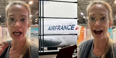 woman speaking with fingers together on shoulder (l) AirFrance airline logo on plane through airport window (c) Woman speaking (r)