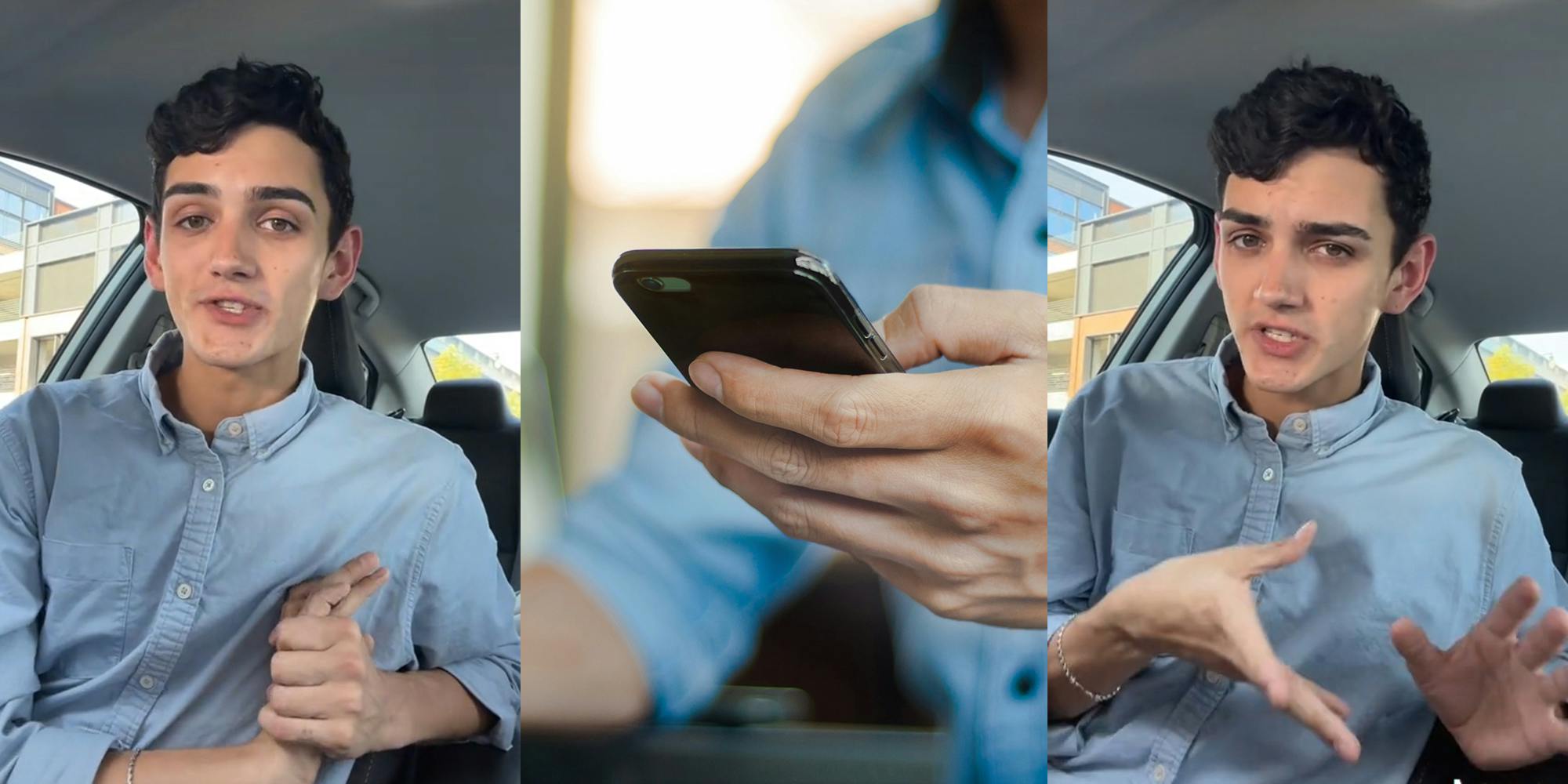 young man in car (l&r) office worker with phone in hand (c)