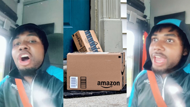 Amazon delivery driver speaking in truck (l) Amazon boxes delivered on doorstep (c) Amazon delivery driver speaking in truck (r)