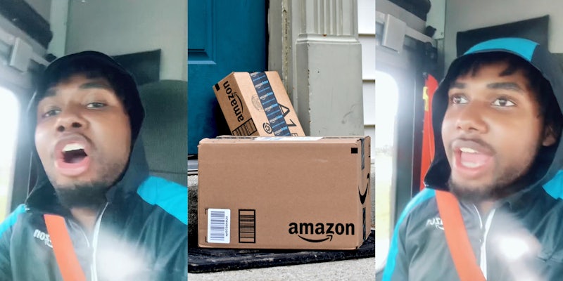 Amazon delivery driver speaking in truck (l) Amazon boxes delivered on doorstep (c) Amazon delivery driver speaking in truck (r)