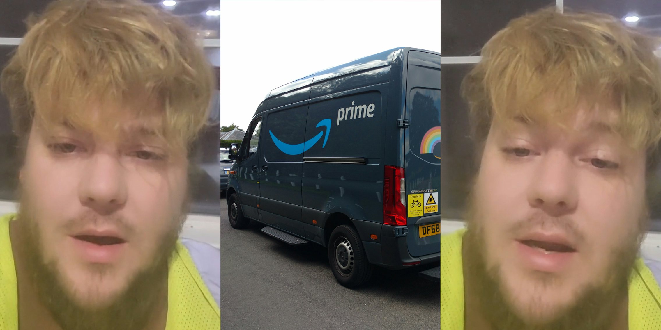 Amazon driver speaking (l) Amazon delivery van on road (c) Amazon driver speaking (r)