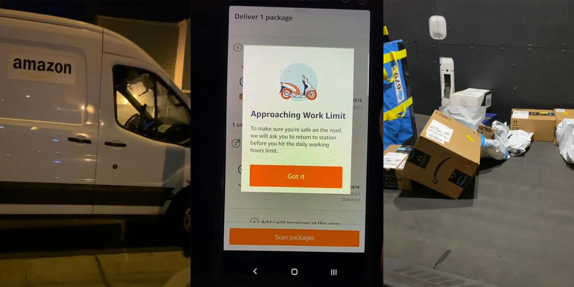 amazon delivery van (l) "approaching work limit" warning screen on device (c) packages in back of Amazon van (r)