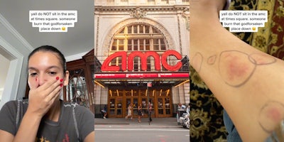woman with mouth covered and caption 'yall do NOT sit in the amc at times square, someone burn that godforsaken place down' (l) AMC theater in Times Square (c) leg with bites circled (r)
