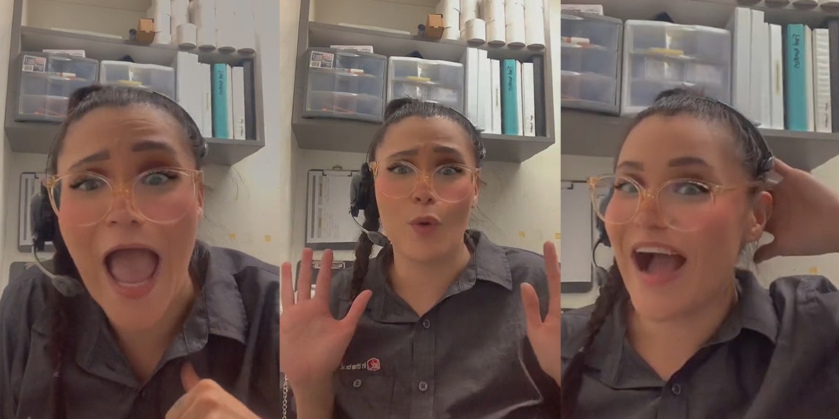 Jack in the Box worker with headset speaking pointing to herself (l) Jack in the Box worker with headset on hands up (c) Jack in the Box worker with headset speaking with hand behind her head (r)