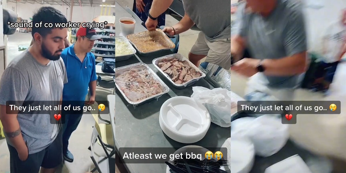 workers gathered around table with food, captions 'They just let all of us go..', '*sound of coworker crying*', and 'At least we get bbq'