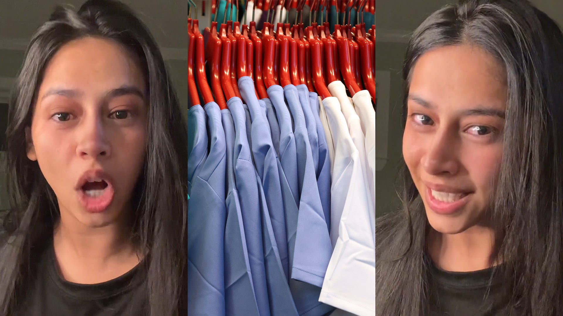 woman speaking in front of gray wall (l) Health care clothing on hangers (c) woman speaking in front of gray wall (r)