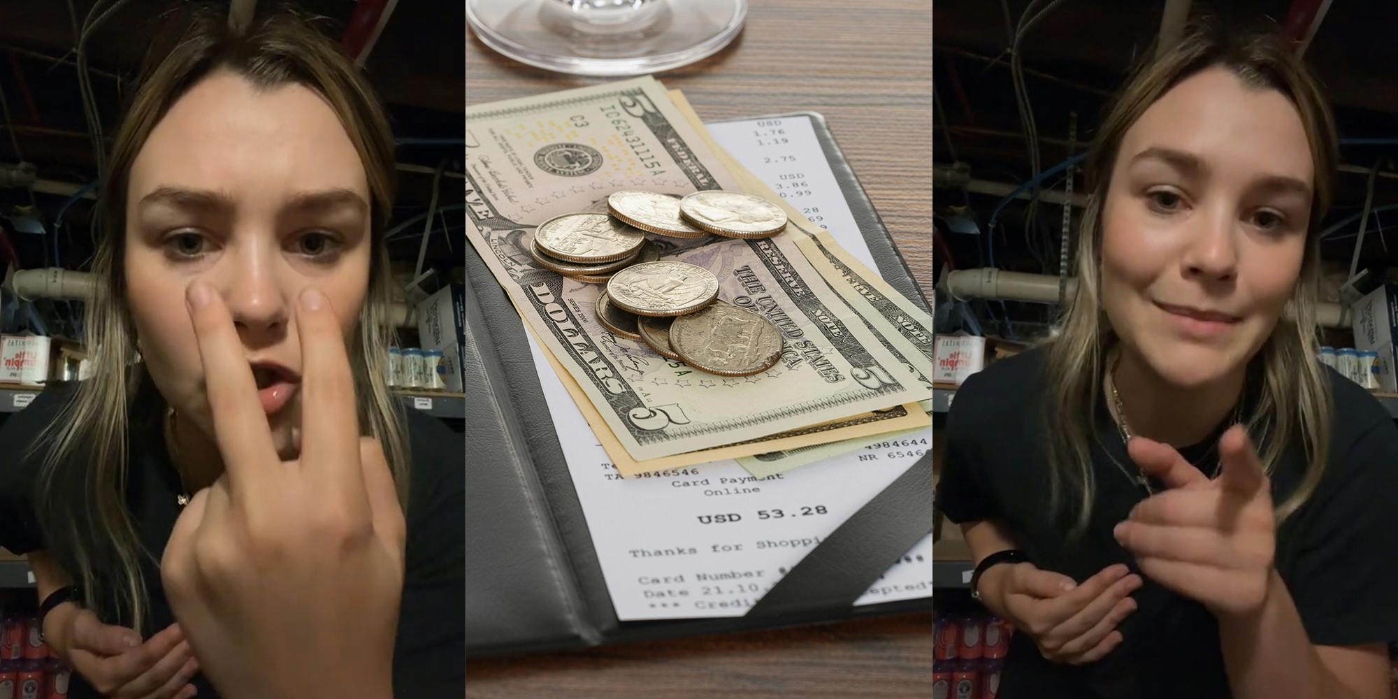 young woman pointing at her eyes (l) money on dining bill (c) young woman pointing (r)