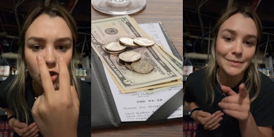 young woman pointing at her eyes (l) money on dining bill (c) young woman pointing (r)