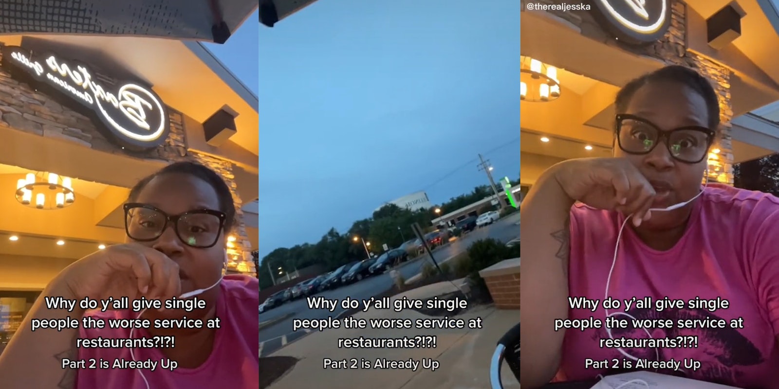 woman outside restaurant with caption 'Why do y'all give single people the worse service at restaurants?!?! Part 2 is Already Up'