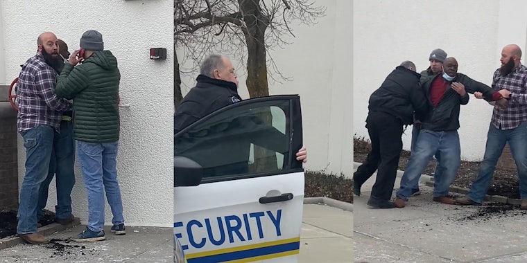 two men outside of mall pinning other man's arms (l) mall security officer stepping out of car opening door (c) 4 men outside of mall including mall security officer three of which are holding the other man by arms (r)