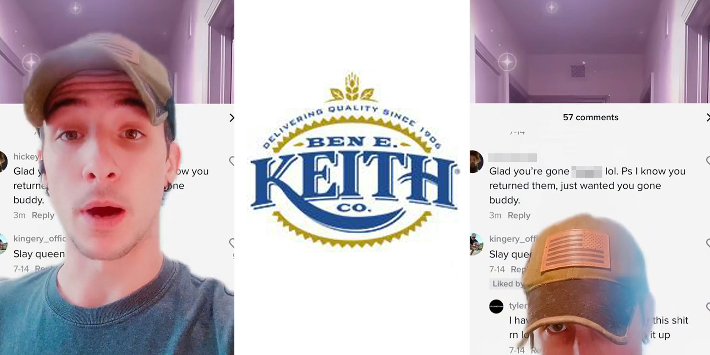 man greenscreen TikTok over TikTok comments (l) Ben E Keith logo on white background (c) man greenscreen TikTok over TikTok comments 'Glad you're gone blank lol. Ps I know you returned them, just wanted you gone buddy.' (r)