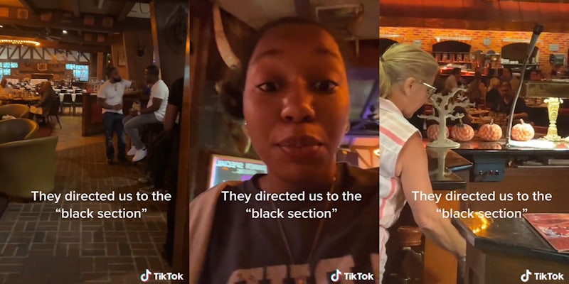 people in restaurant with caption 'They directed us to the 'black section''