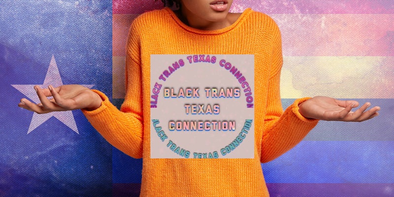 person in sweater shrugging, texas/lgbtq+ flag background, 'Black Trans Texas Connection' logo in front
