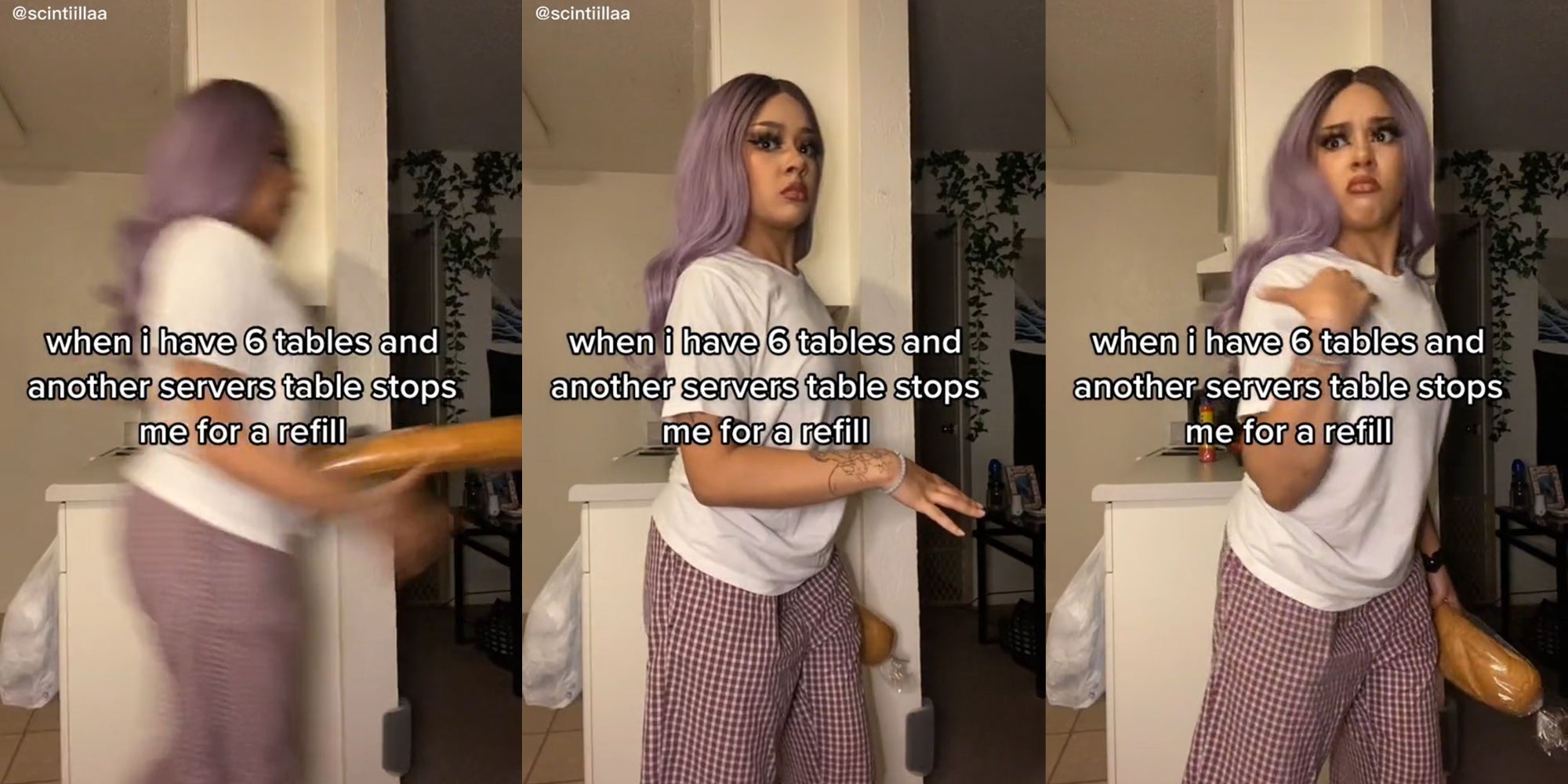 young woman running from room to room with loaf of bread and caption 'when i have 6 tables and another servers table stops me for a refill'