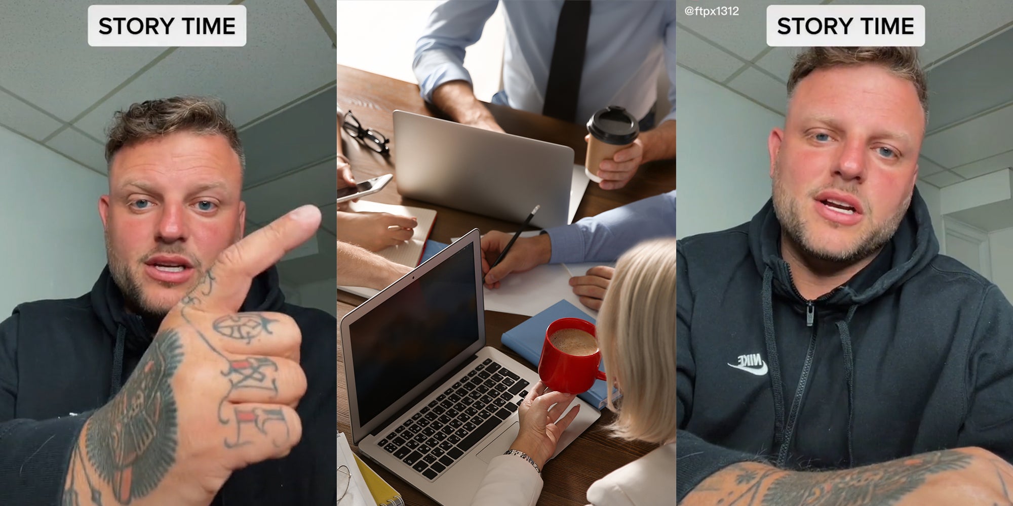 man pointing with caption 'Story time' (l&r) work meeting (c)