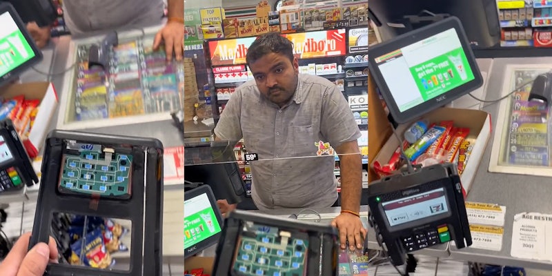 man holding credit card skimmer that fell off of machine at store (l) man holding card skimmer up to worker at store (c) pay terminal at store (r)