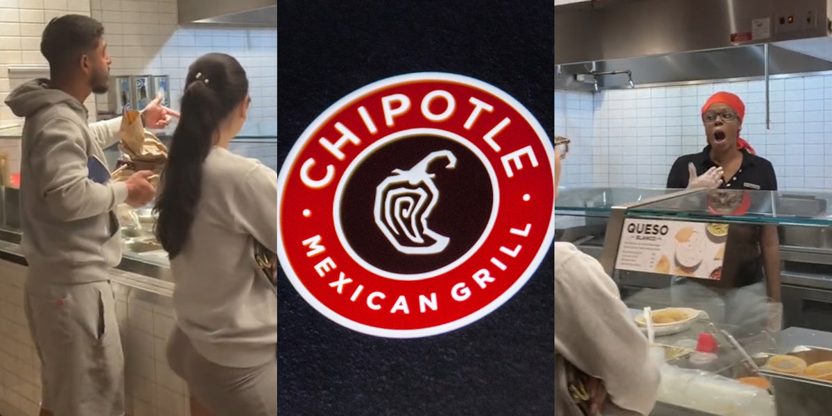 man and woman at counter (l) Chipotle mexican grill logo (c) employee behind counter (r)