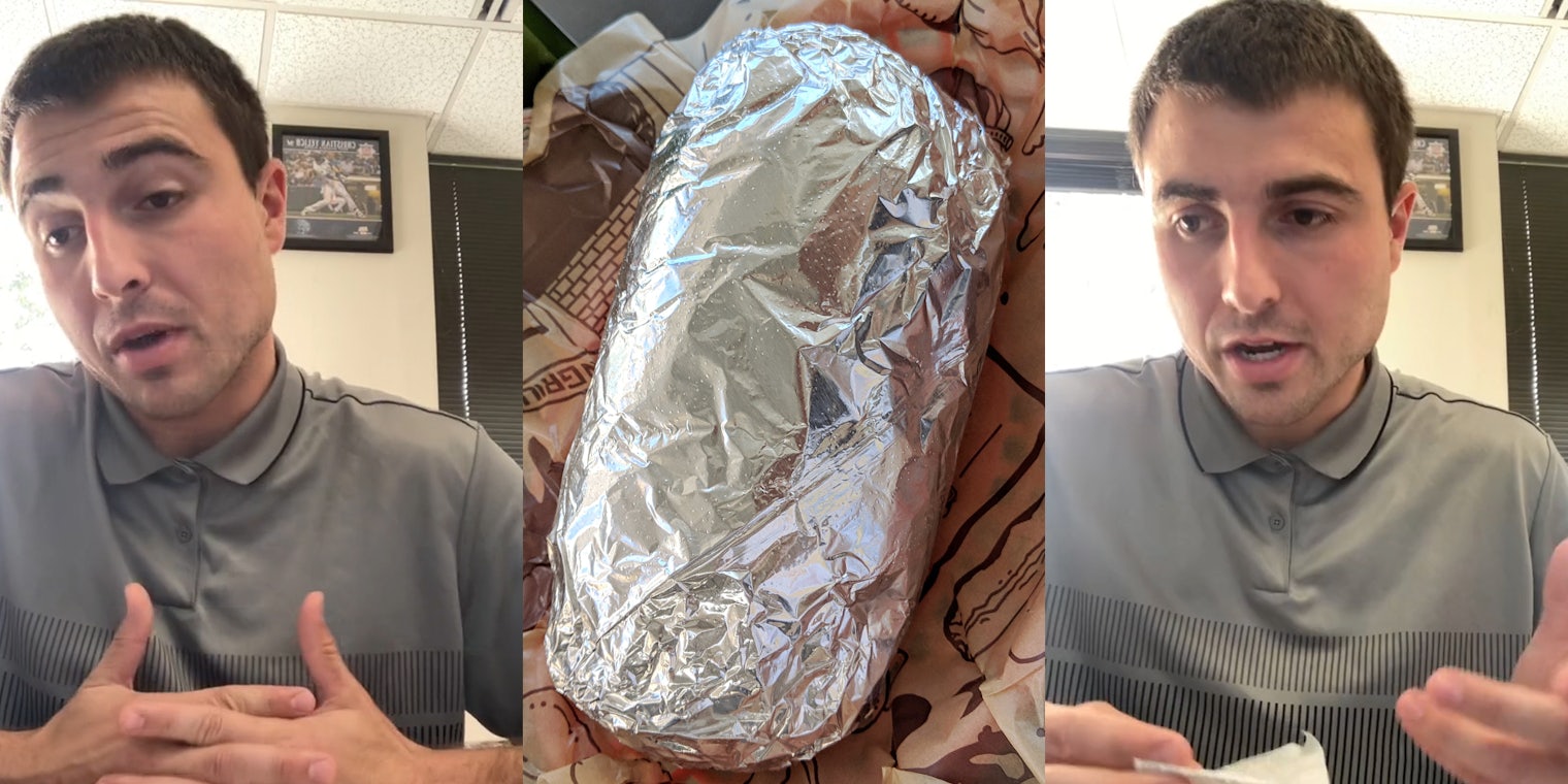Man speaking with hands together and shoulders shrugged (l) Chipotle burrito wrapped on brown paper (c) man speaking on speaker phone holding receipt (r)
