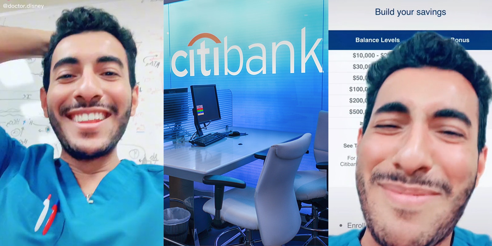 man in scrubs smiling (l) Citibank logo on window (c) man laughing in front of Citibank Bonus levels mailer (r)
