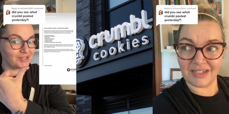 woman speaking with hand pointing right to Crumbl Cookies contract caption 'did you see what crumbl posted yesterday?' (l) Crumbl Cookies sign on dark brick building (c) woman speaking looking left caption 'did you see what crumbl posted yesterday?' (r)