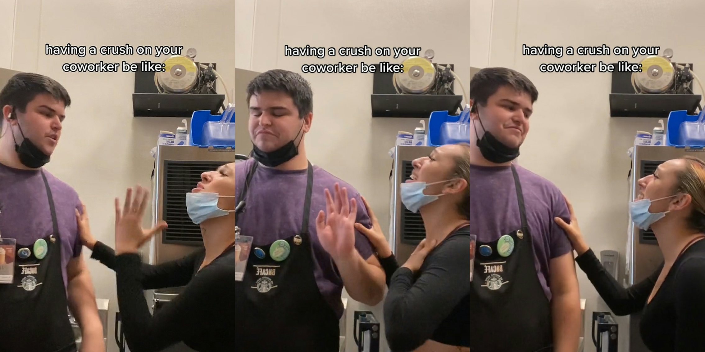 coworkers arguing woman hand on man shoulder other hand up caption 'having a crush on your coworker be like:' (l) coworkers arguing woman hand on man shoulder mans hand up caption 'having a crush on your coworker be like:' (c) coworkers arguing woman hand on man shoulder caption 'having a crush on your coworker be like:' (r)