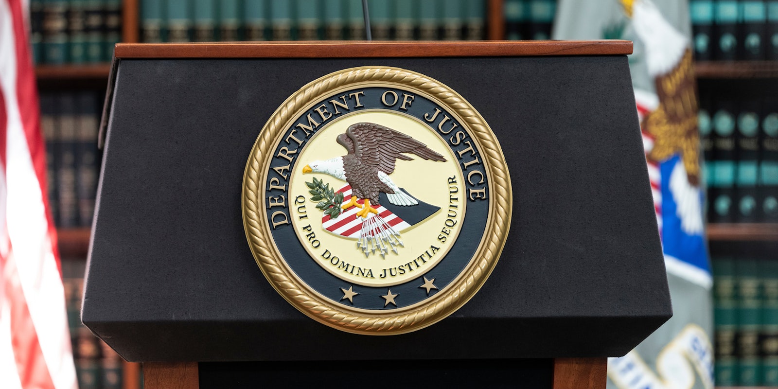 Department Of Justice seal on podium