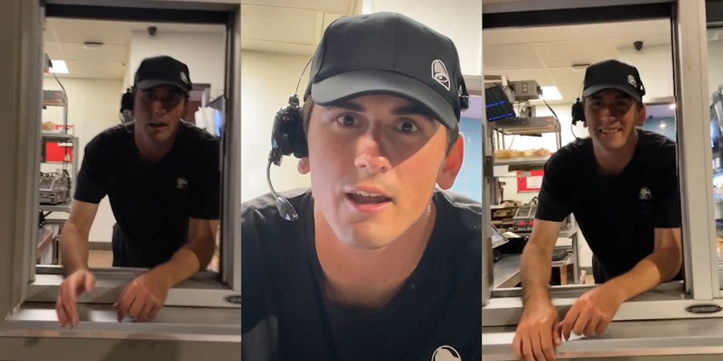 Taco Bell drive thru worker speaking with hands resting on window sill (l) Taco Bell drive thru worker speaking (c) Taco Bell drive thru worker speaking with hands resting on window sill (r)