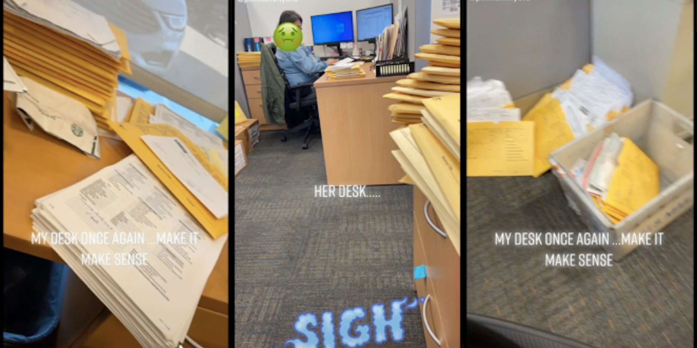 employee shows boss' desk versus her desk tiktok
