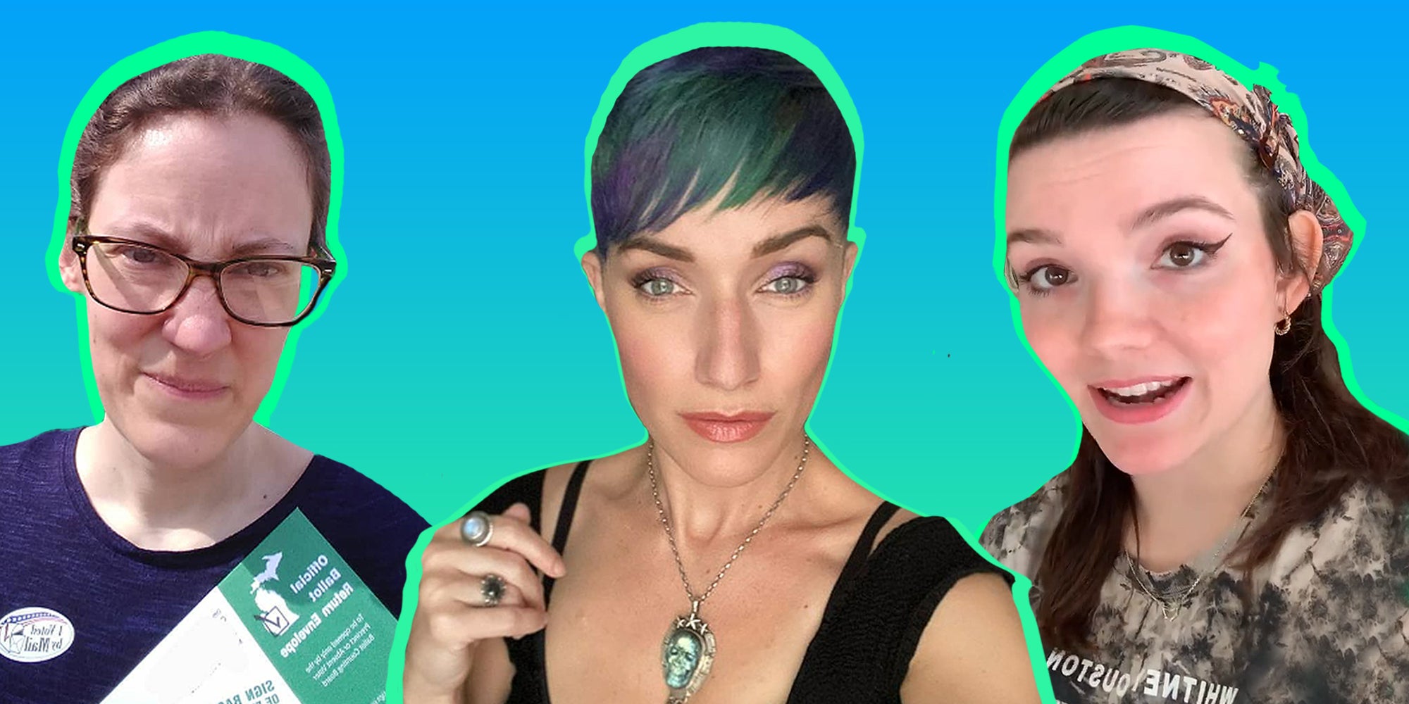 @raeleemaycarpenter holding book, @kimberly_kaye, and @kimmirhoades on blue to green vertical gradient background Passionfruit Remix