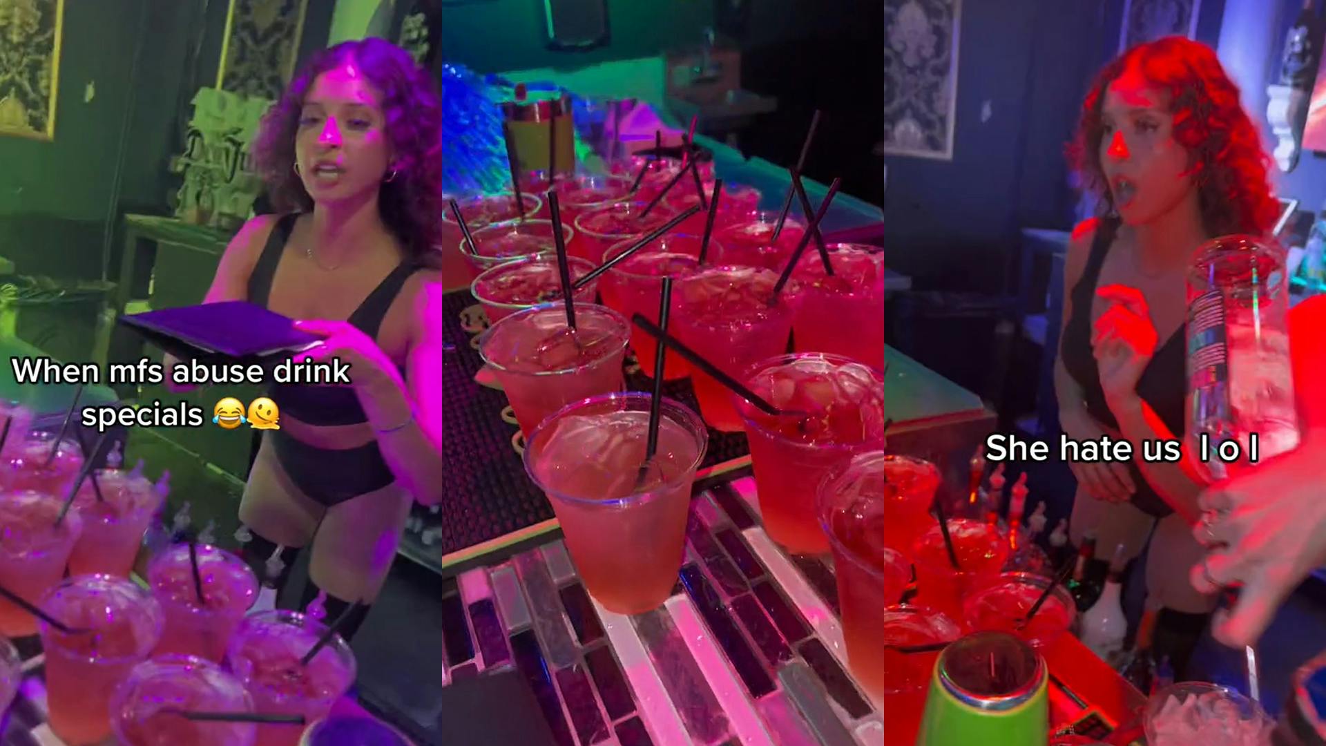 bar tender holding binder above mixed drinks caption "When mfs abuse drink specials" (l) mixed drinks on table at bar (c) bar tender speaking with hand up at bar caption "She hate us lol" (r)