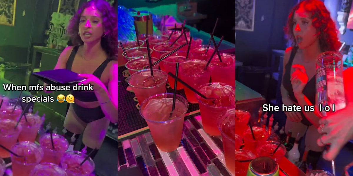 bar tender holding binder above mixed drinks caption 'When mfs abuse drink specials' (l) mixed drinks on table at bar (c) bar tender speaking with hand up at bar caption 'She hate us lol' (r)