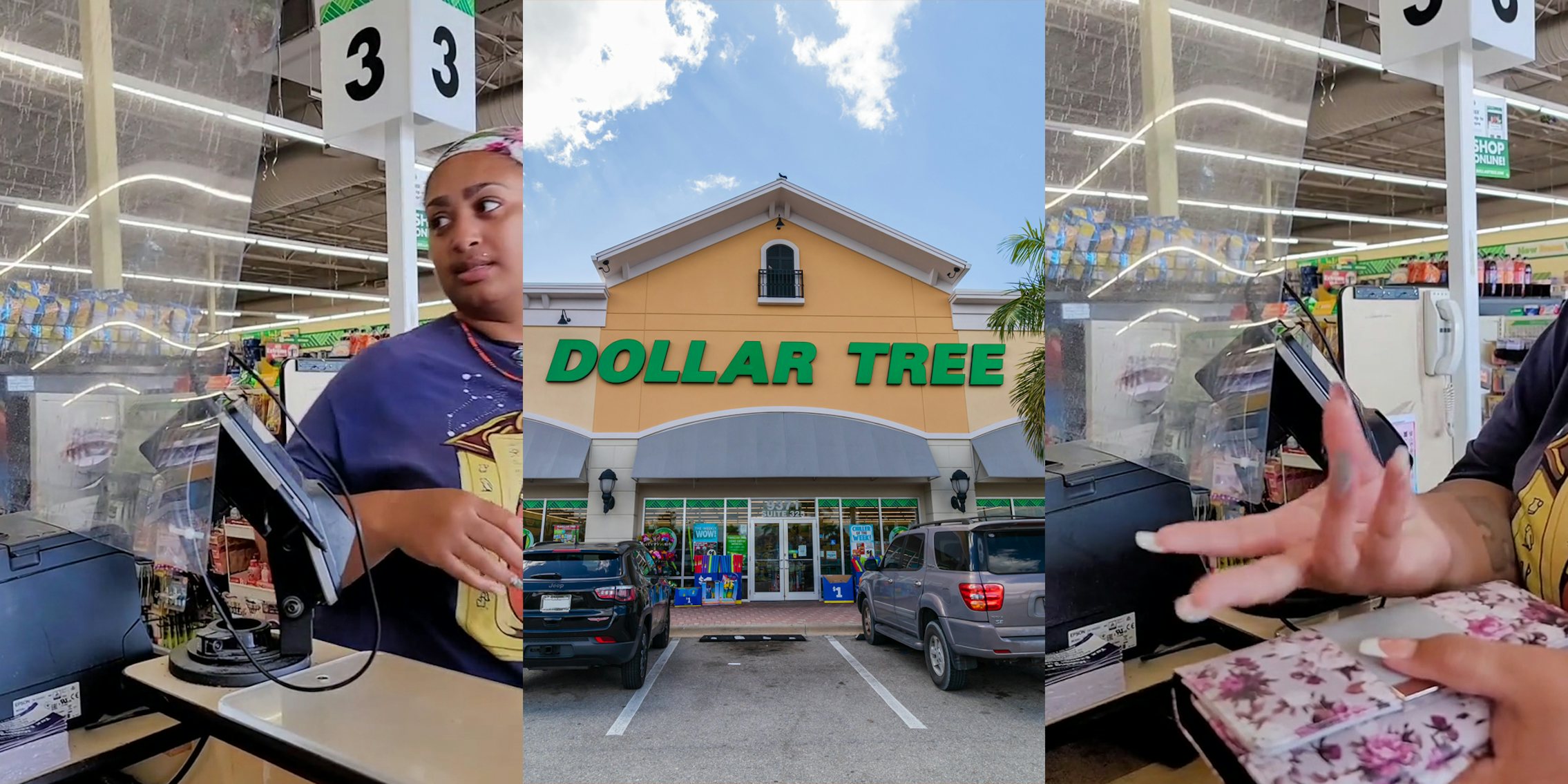 woman walking up to Dollar Tree checkout (l) Dollar Tree store building with sign (c) woman speaking with hand out at Dollar Tree checkout (r)