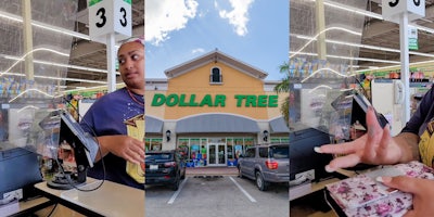 woman walking up to Dollar Tree checkout (l) Dollar Tree store building with sign (c) woman speaking with hand out at Dollar Tree checkout (r)
