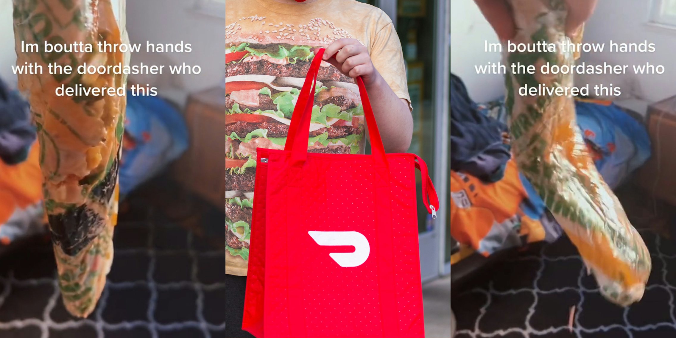 person holding soggy Subway sandwich vertical with caption 'Im boutta throw hands with the doordasher who delivered this' (l) DoorDash worker holding DoorDash branded red bag (c) person holding soggy Subway sandwich vertical while swinging it with caption 'Im boutta throw hands with the doordasher who delivered this' (r)
