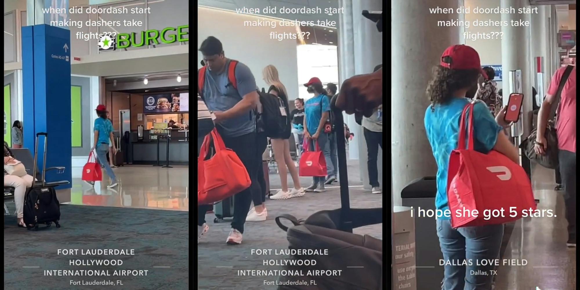 doordash employee in airport with caption "when did doordash start making dashers take flights???"