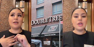 DoubleTree employee speaking hand on chest (l) DoubleTree By Hilton sign on brick building (c) DoubleTree employee speaking (r)