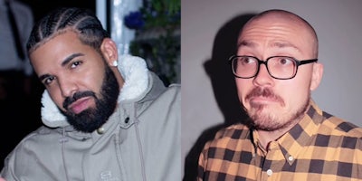 Drake in front of dark background (l) Anthony Fantano in front of light gray background (r)