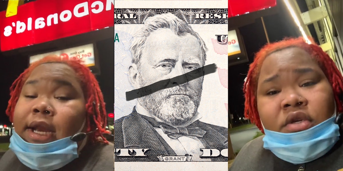 young woman in mask outside of McDonald's (l&r) $50 bill with a black marker streak over Grant's face (c)